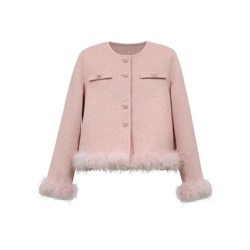 Amii Women's Double-Faced Wool Short Coat with Feather Trim
