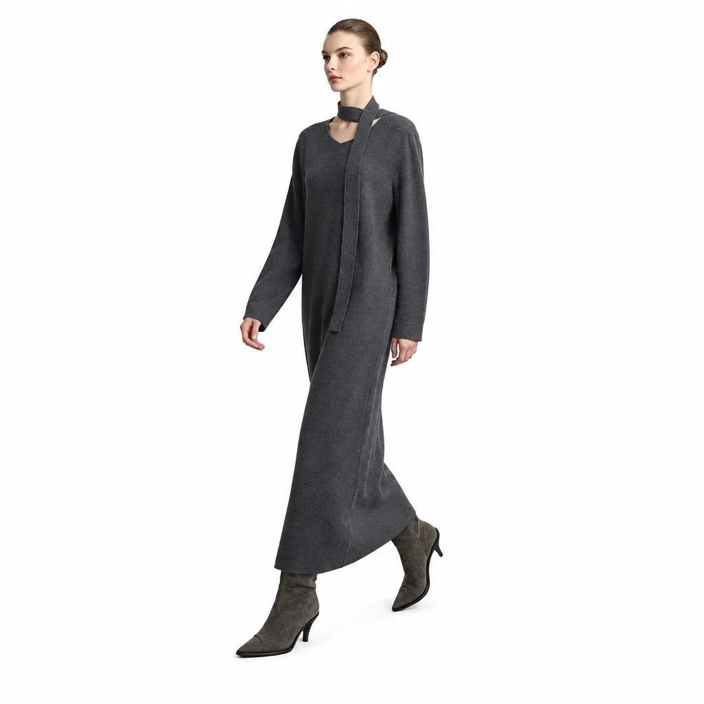 Women's V-Neck Knit Maxi Dress - Minimalist Oversized Autumn Style