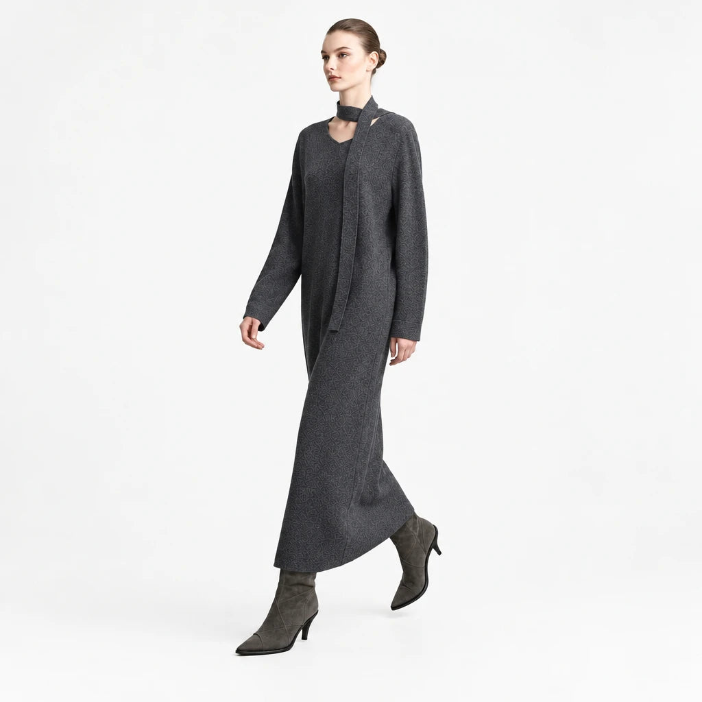 Women's V-Neck Knit Maxi Dress - Minimalist Oversized Casual Style