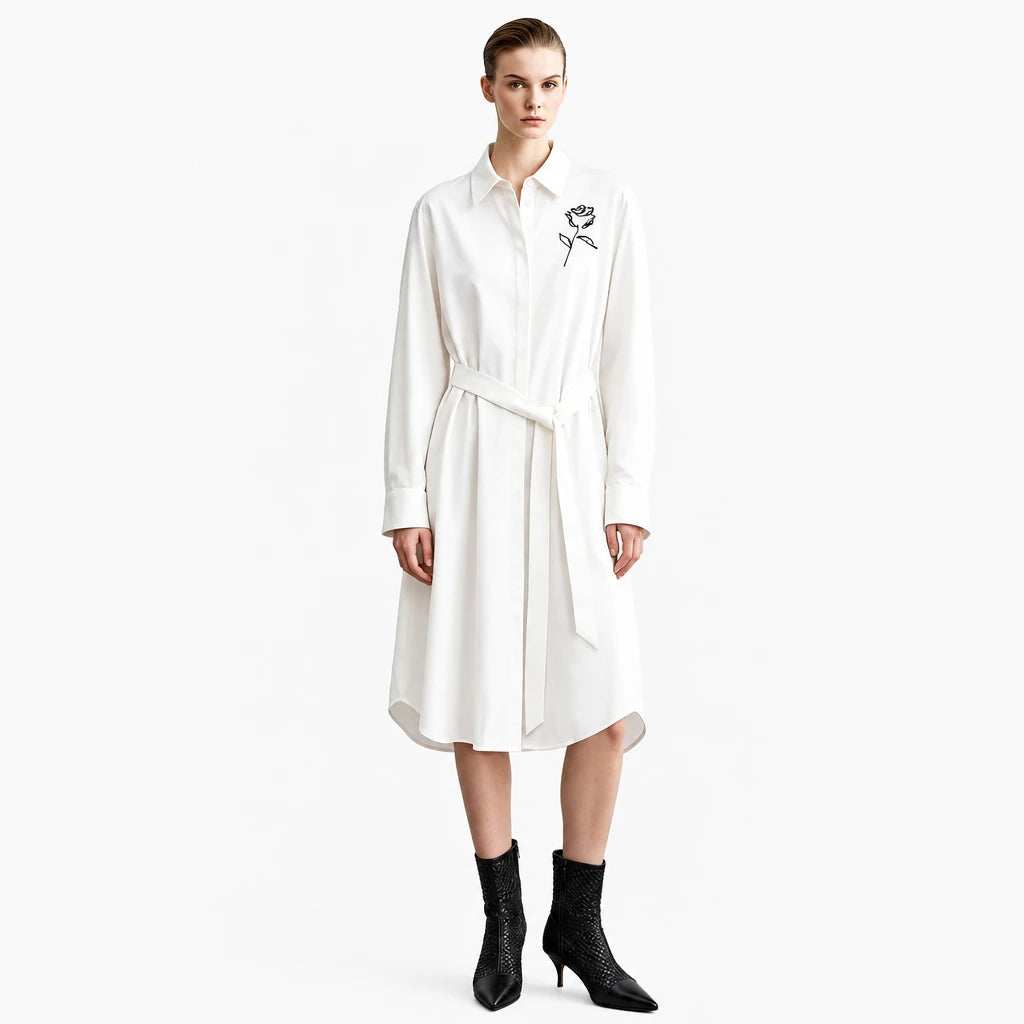 Minimalist Cotton Midi Shirt Dress with Belt - Elegant Commuter Wear