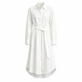 Cotton Midi Shirt Dress - Minimalist Long Sleeve Belted Commuter Wear