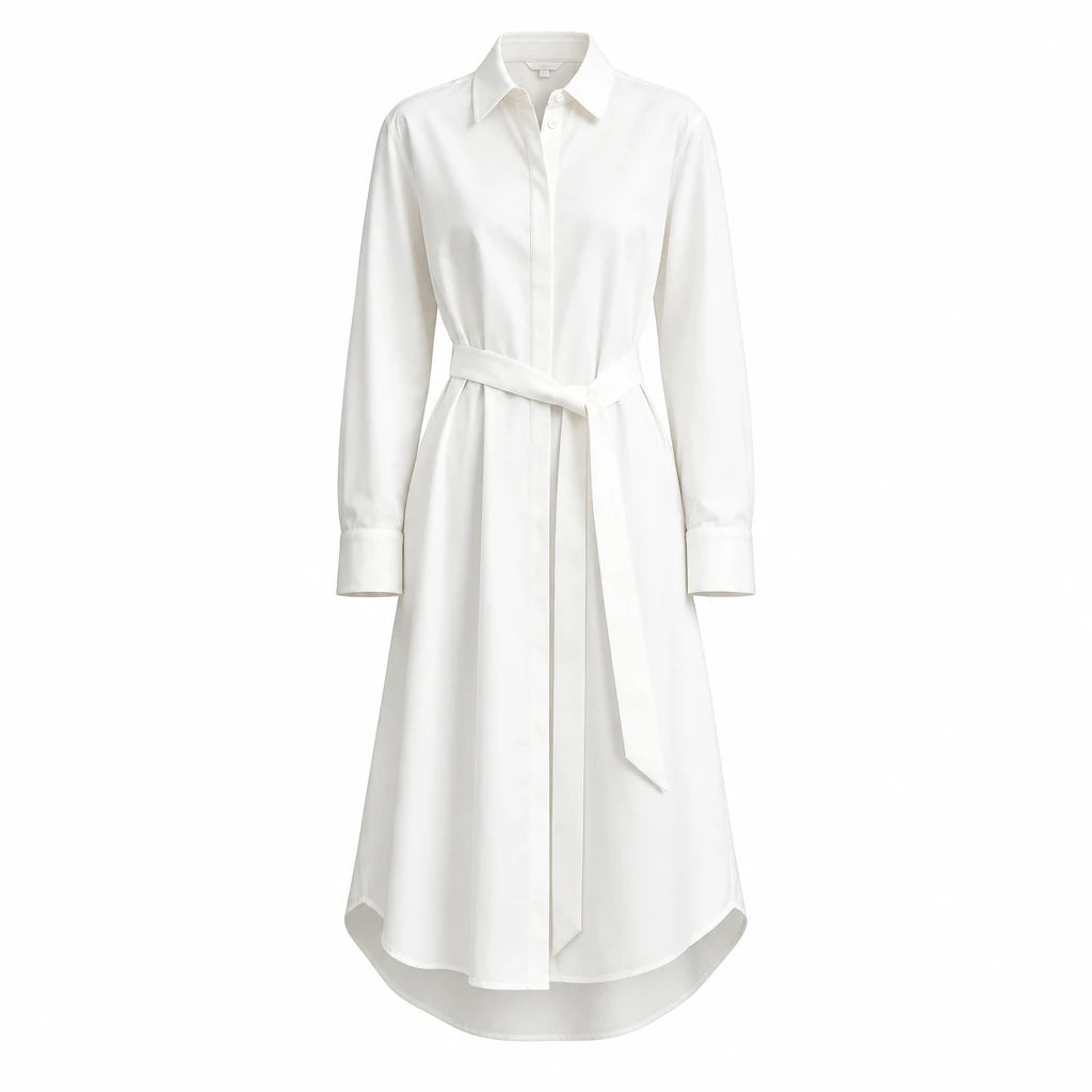 Cotton Midi Shirt Dress - Minimalist Long Sleeve Belted Commuter Wear