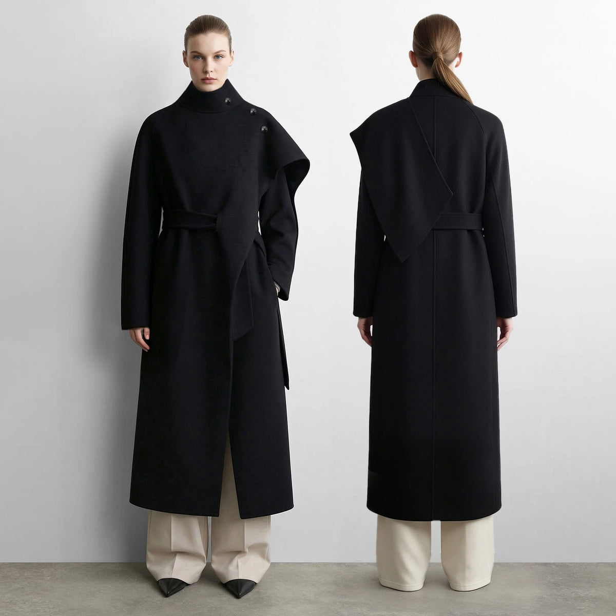 Women's Double-Faced Wool Coat - Oversized Belted Winter Commuter