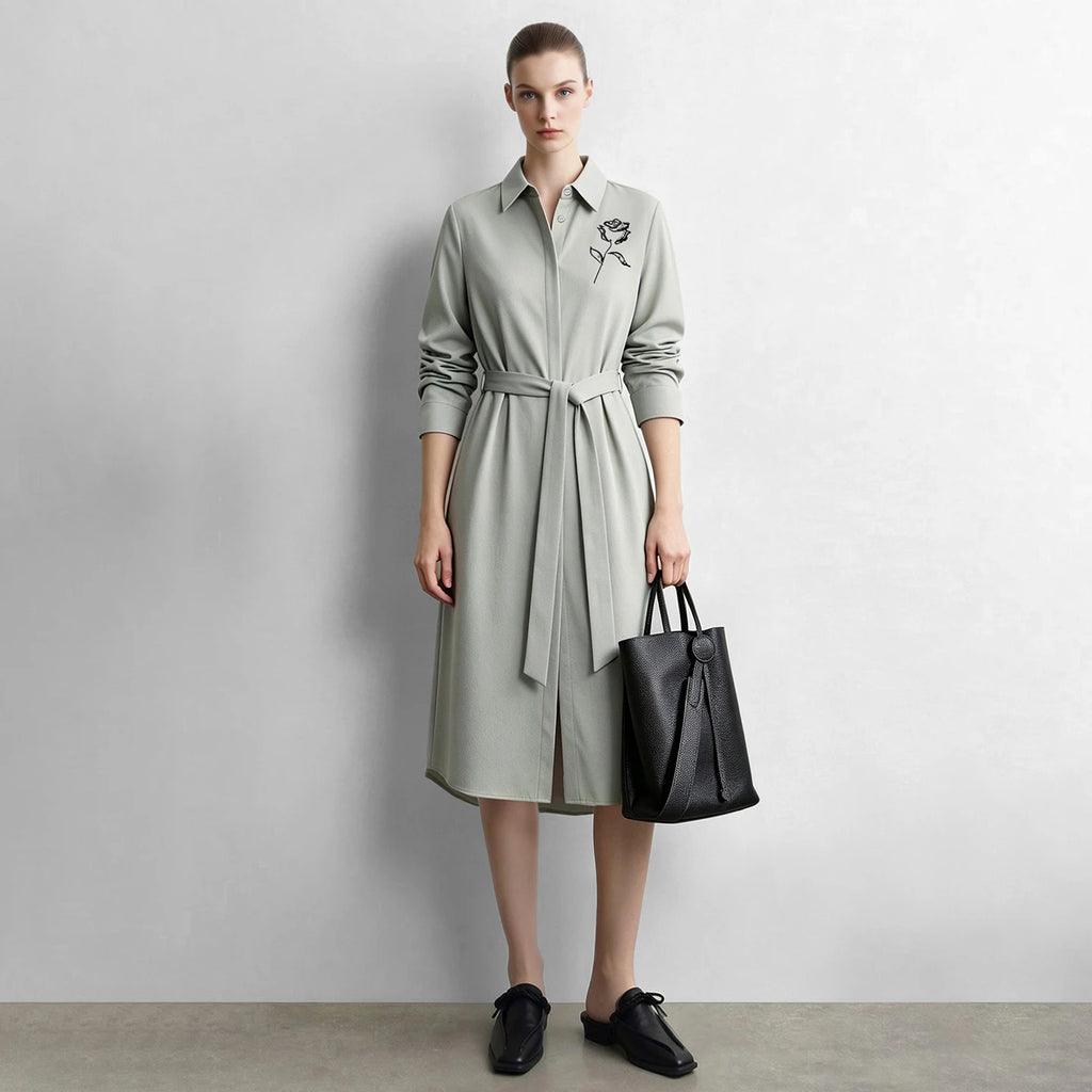 Cotton Midi Shirt Dress - Minimalist Long Sleeve Belted Commuter Wear