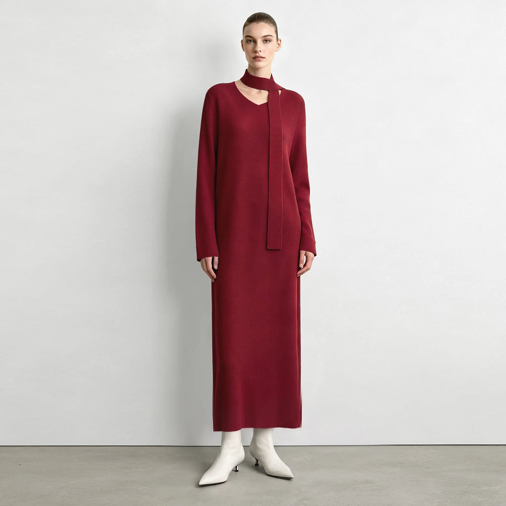 Women's V-Neck Knit Maxi Dress - Minimalist Oversized Casual Style