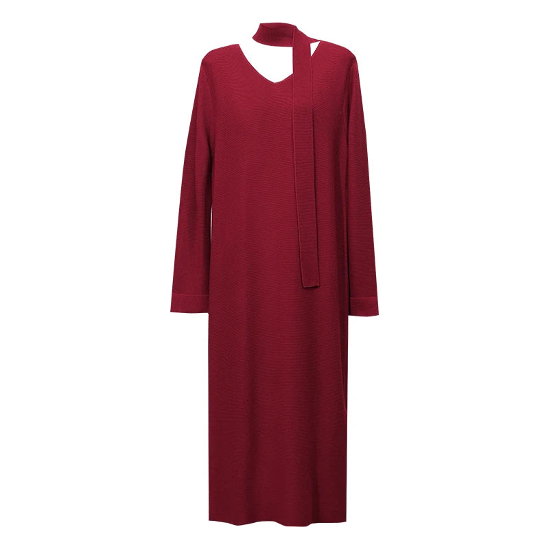 Women's V-Neck Knit Maxi Dress - Minimalist Oversized Autumn Style