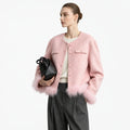 Double-Faced Wool Short Coat - Oversized Feather Trim Winter Jacket