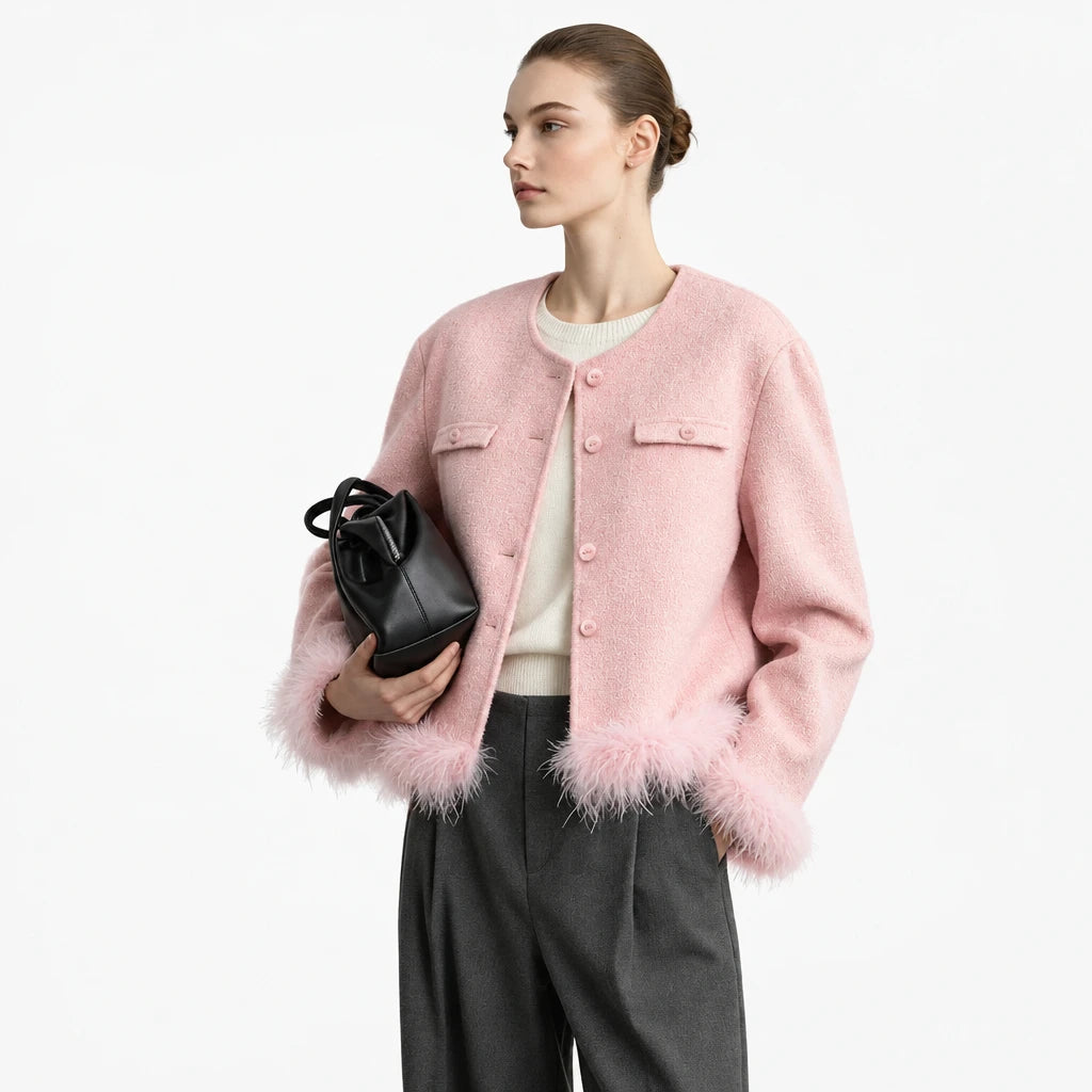 Double-Faced Wool Short Coat - Oversized Feather Trim Winter Jacket