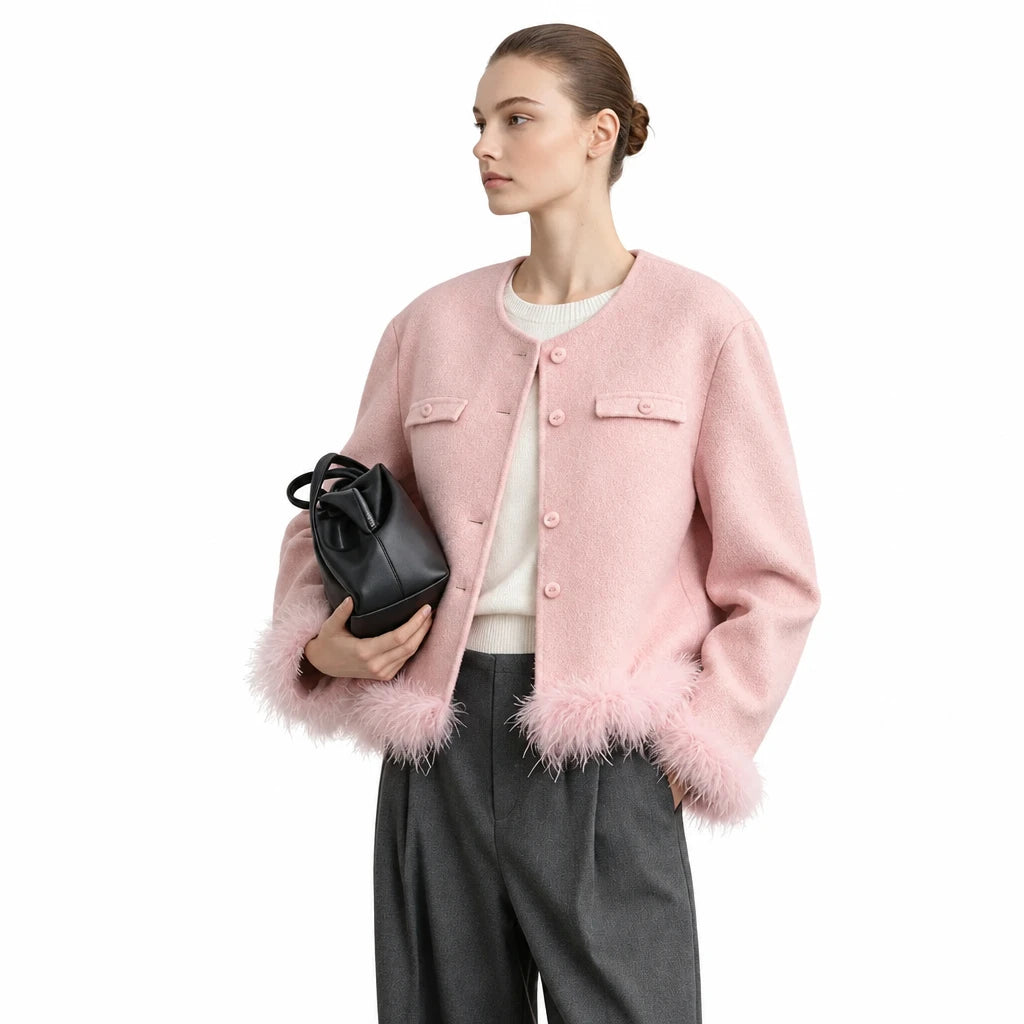 Amii Women's Double-Faced Wool Short Coat with Feather Trim