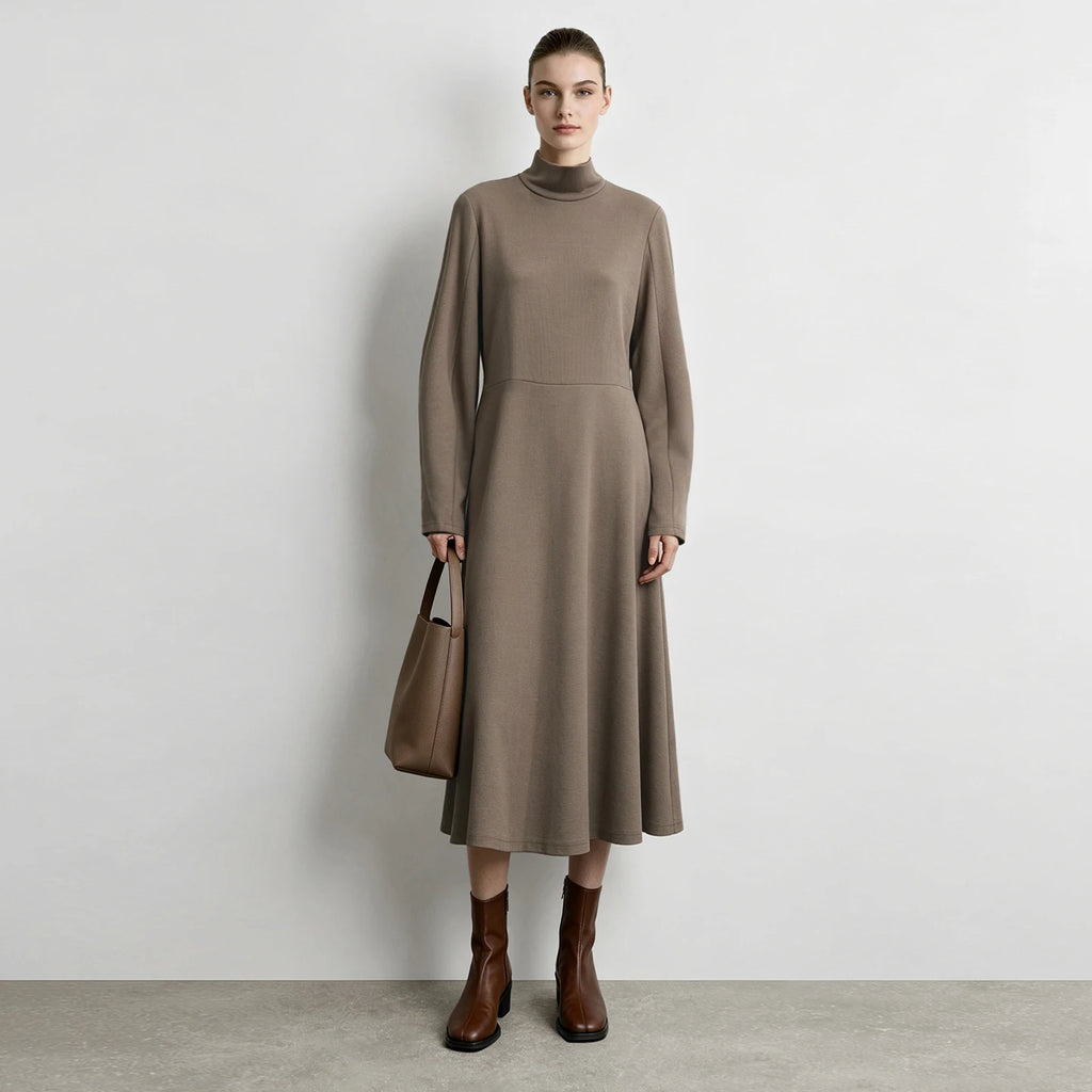 Women's Mock Neck Midi Dress - Minimalist Long Sleeve Commuter Style
