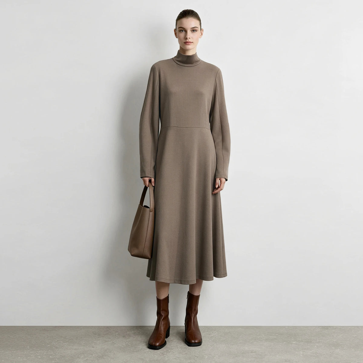Women's Mock Neck Midi Dress - Long Sleeve Slimming Commuter