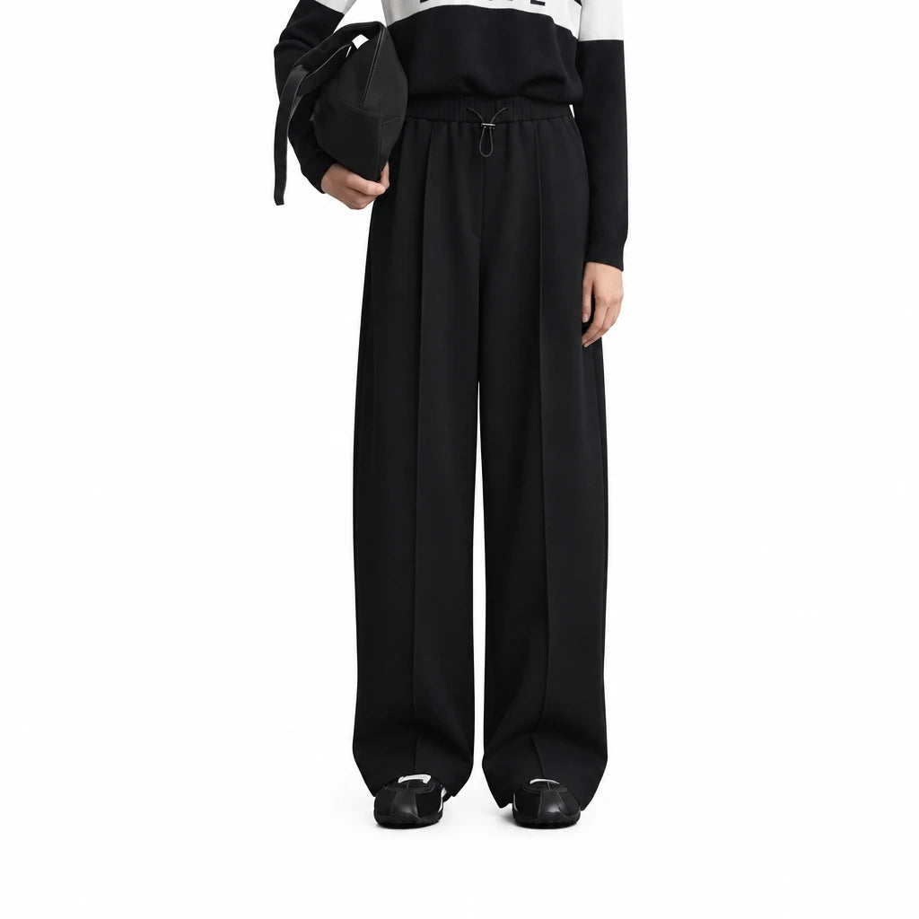 Women's Curved Drawstring Pants - Minimalist Loose Fit Winter Trousers