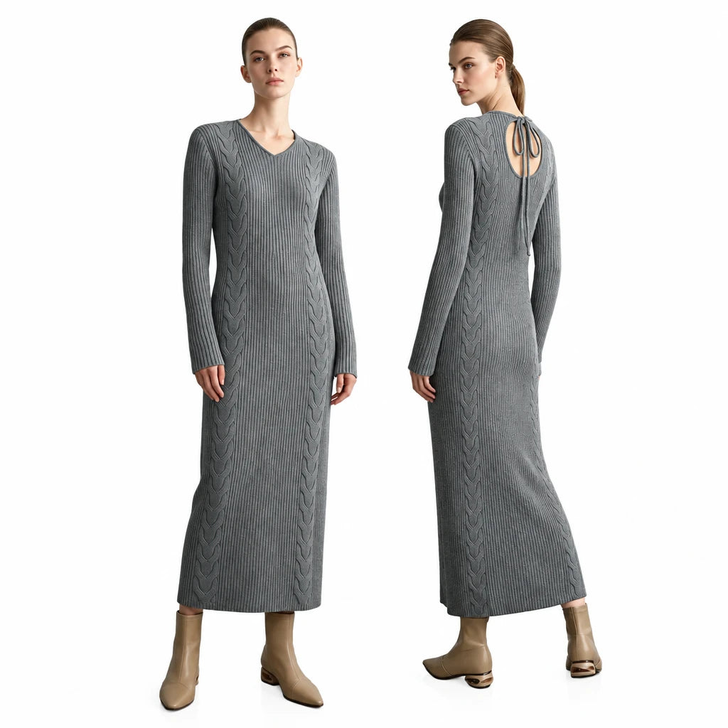 V-Neck Knit Hollow Out Bodycon Dress - Minimalist Autumn Style