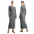 V-Neck Knit Hollow Out Bodycon Dress - Minimalist Autumn Maxi