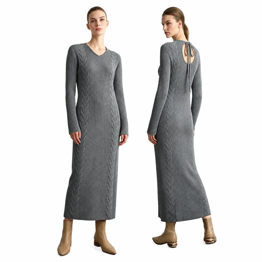V-Neck Knit Hollow Out Bodycon Dress - Minimalist Autumn Maxi