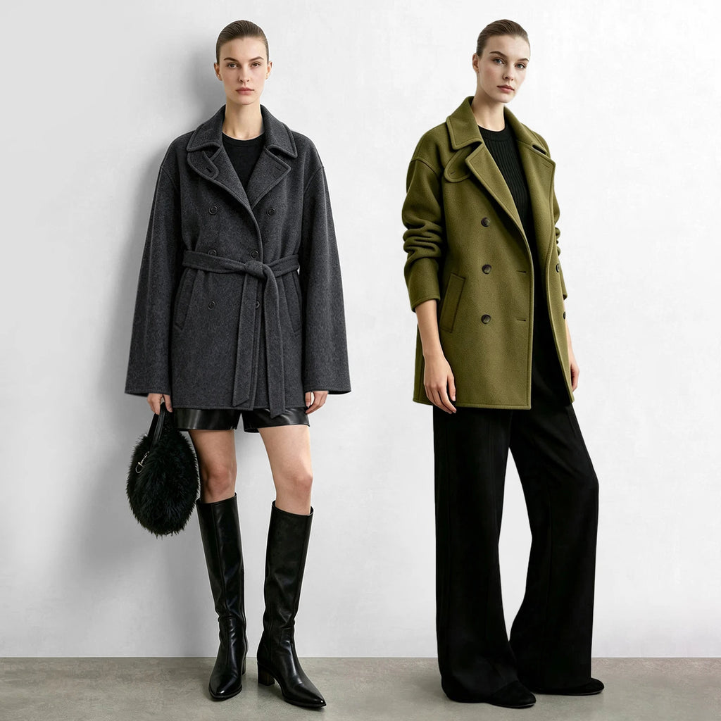 Women's Double-Faced Woolen Coat - Belted Mid-Length Winter Jacket