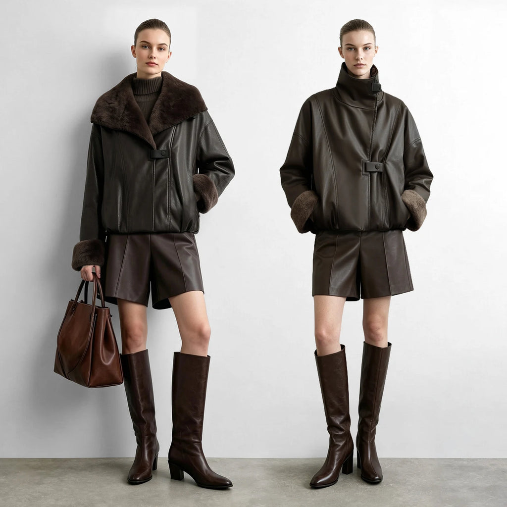 Women's Oversized Faux Leather Shearling Jacket - Winter Biker Coat