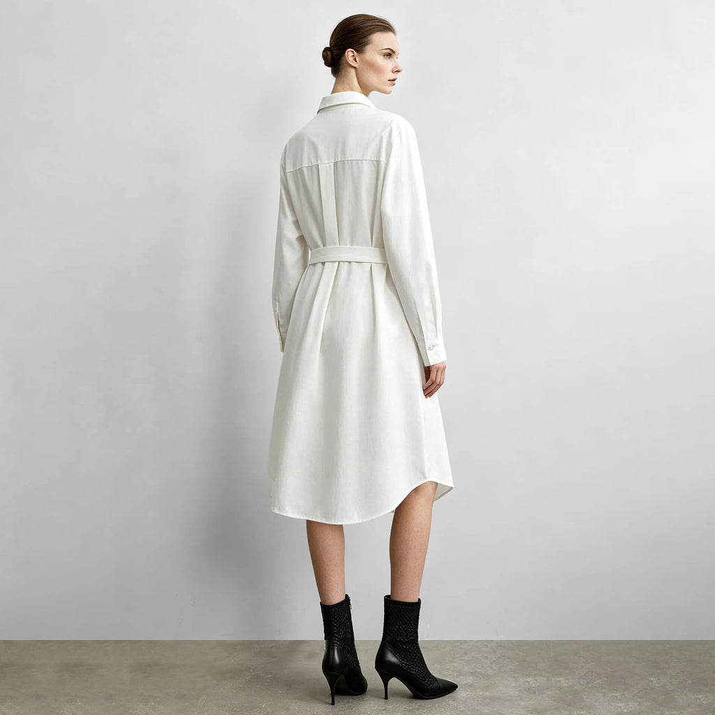 Cotton Midi Shirt Dress - Minimalist Long Sleeve Belted Commuter Wear