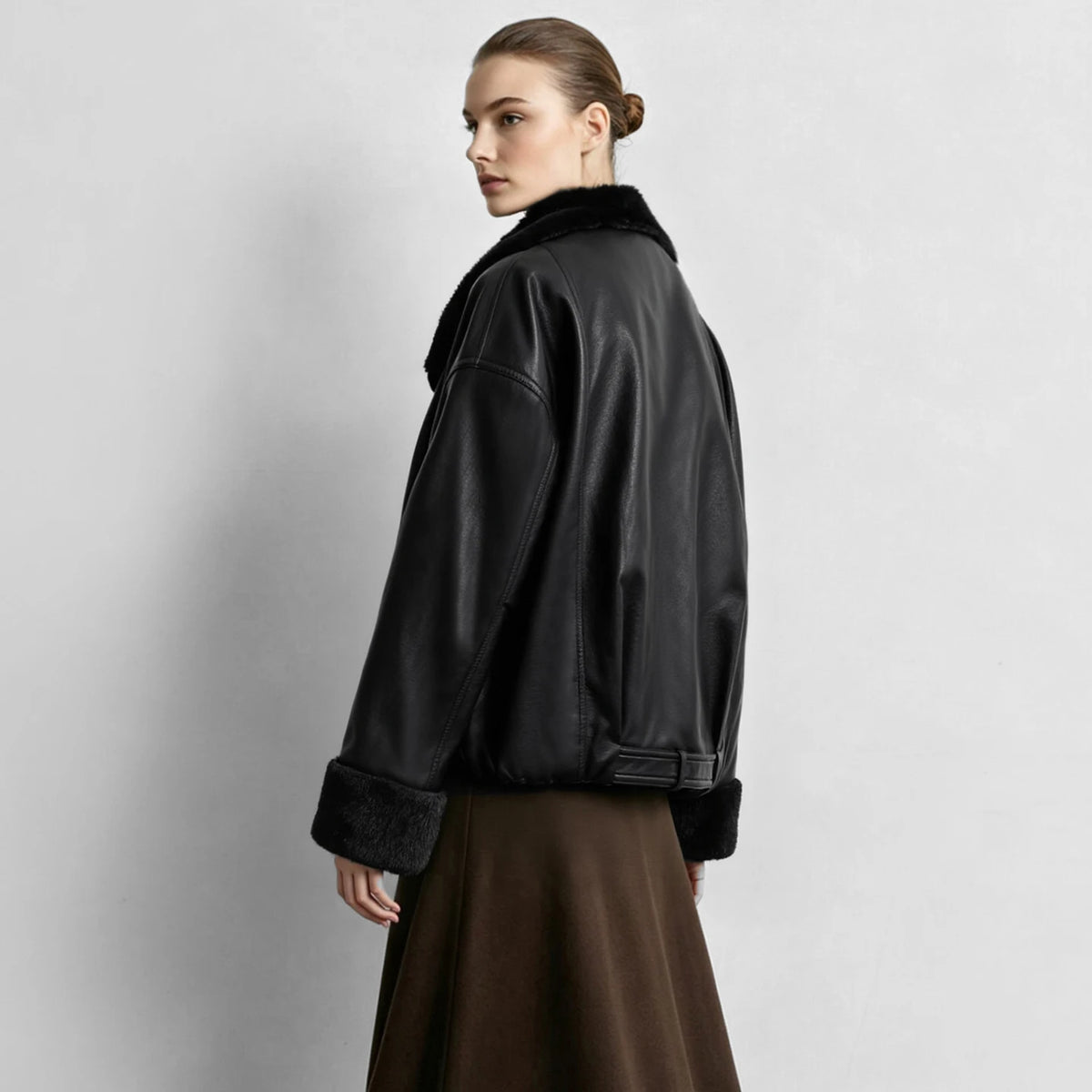 Women's Faux Leather Shearling Biker Jacket - Oversized Winter Coat