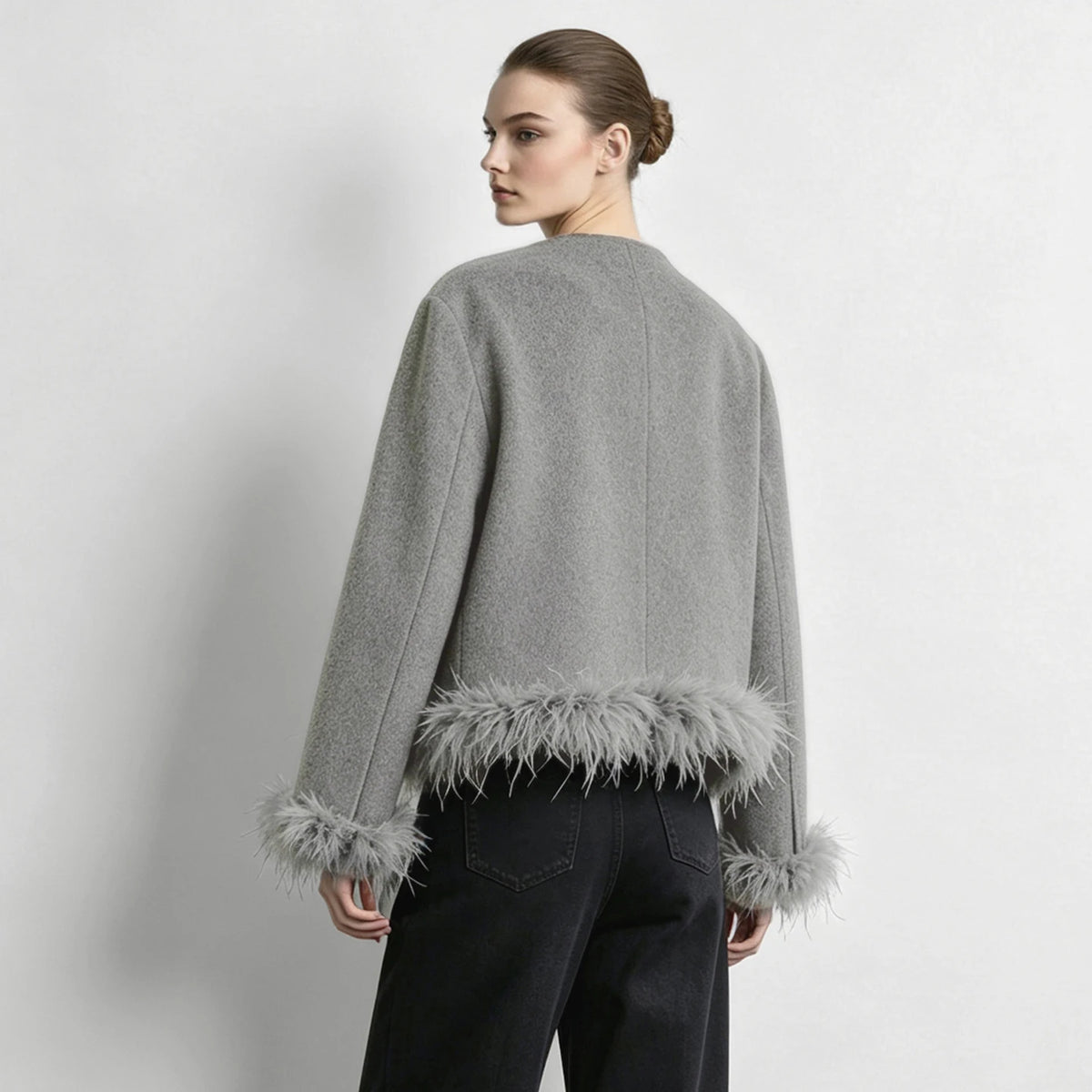 Double-Faced Wool Short Coat - Oversized Feather Trim Winter Jacket