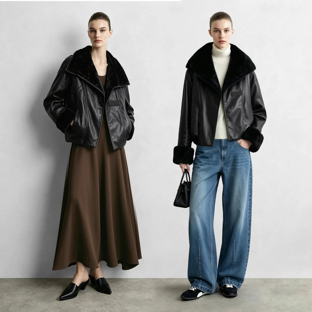 Women's Faux Leather Shearling Biker Jacket - Oversized Winter Coat