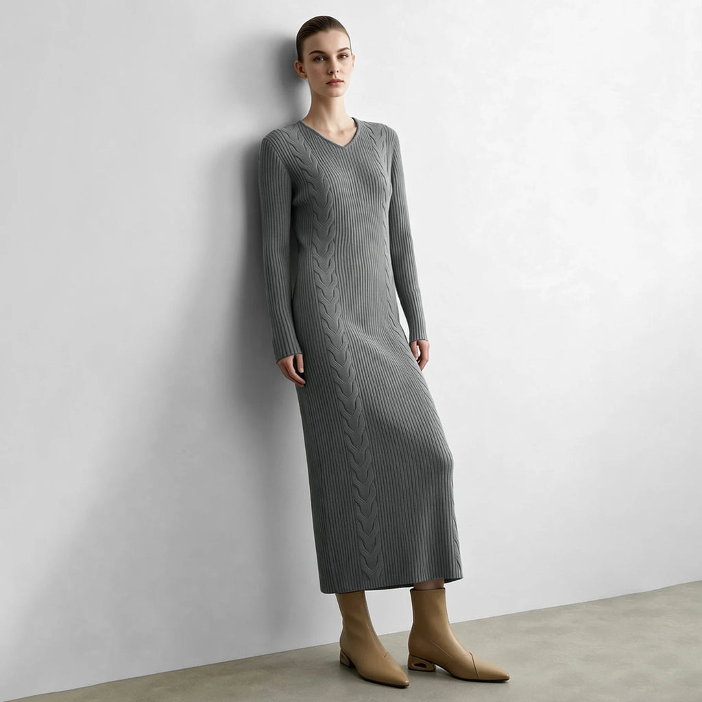 V-Neck Knit Hollow Out Bodycon Dress - Minimalist Autumn Style