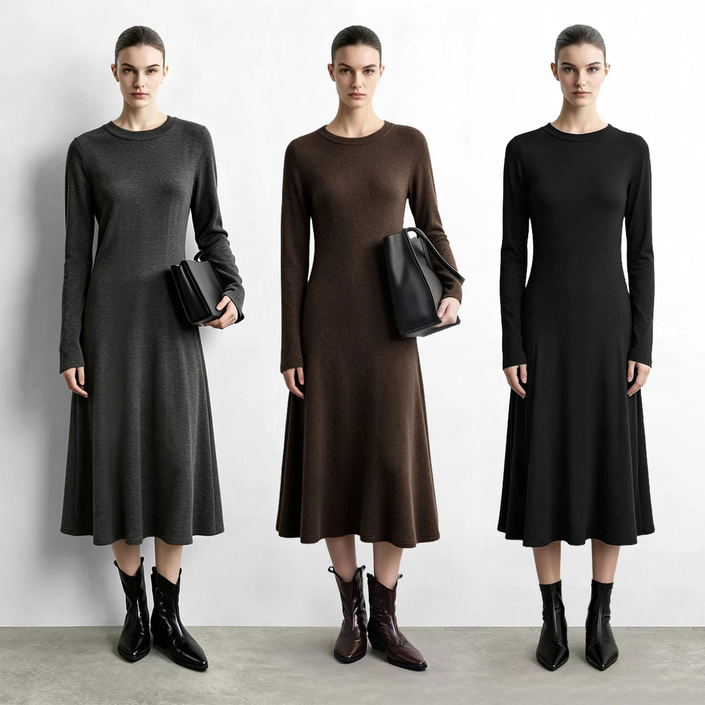 Women's A-Line Midi Knit Dress - Slim Fit Minimalist Commuter Style