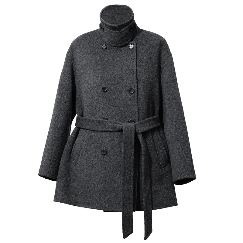 Women's Double-Faced Woolen Coat - Belted Mid-Length Winter Jacket