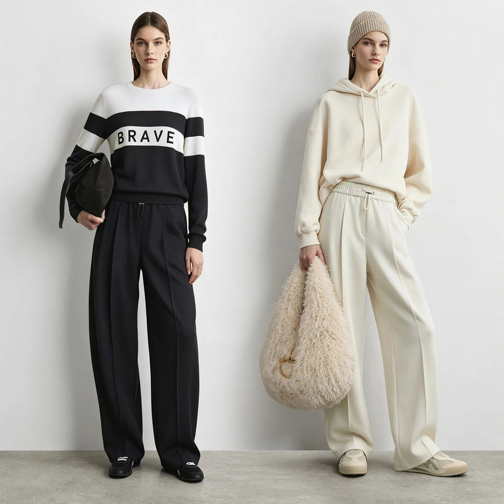 Women's Curved Drawstring Pants - Minimalist Loose Fit Winter Trousers