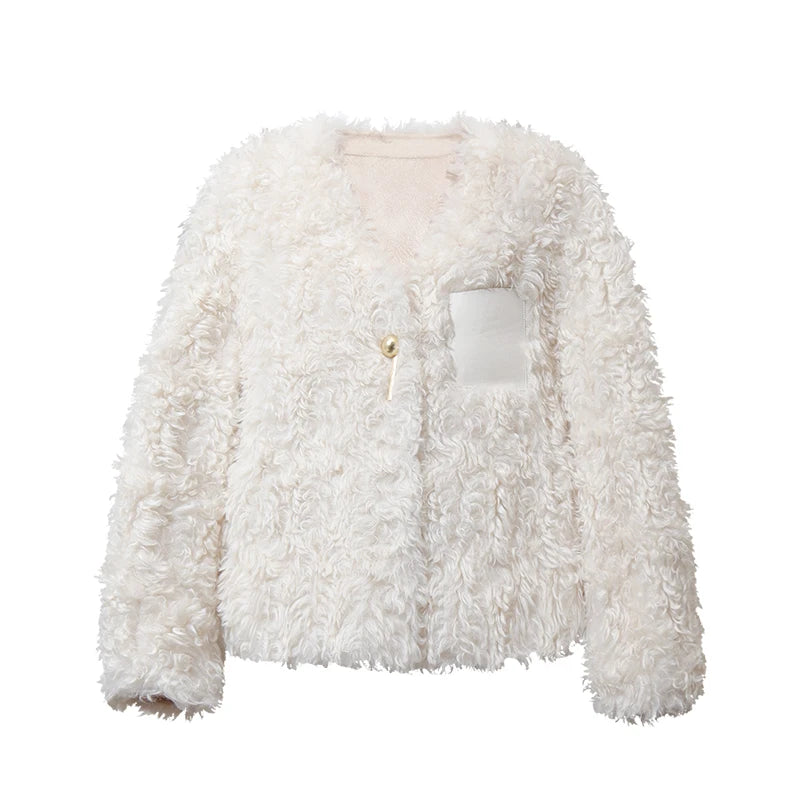 Women's V-Neck Faux Fur Coat - Oversized Minimalist Winter Jacket