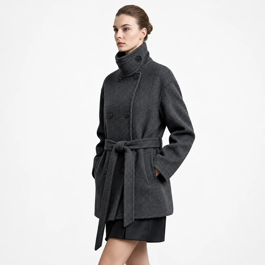 Women's Woolen Belted Coat - Minimalist Double-Faced Mid-Length Jacket
