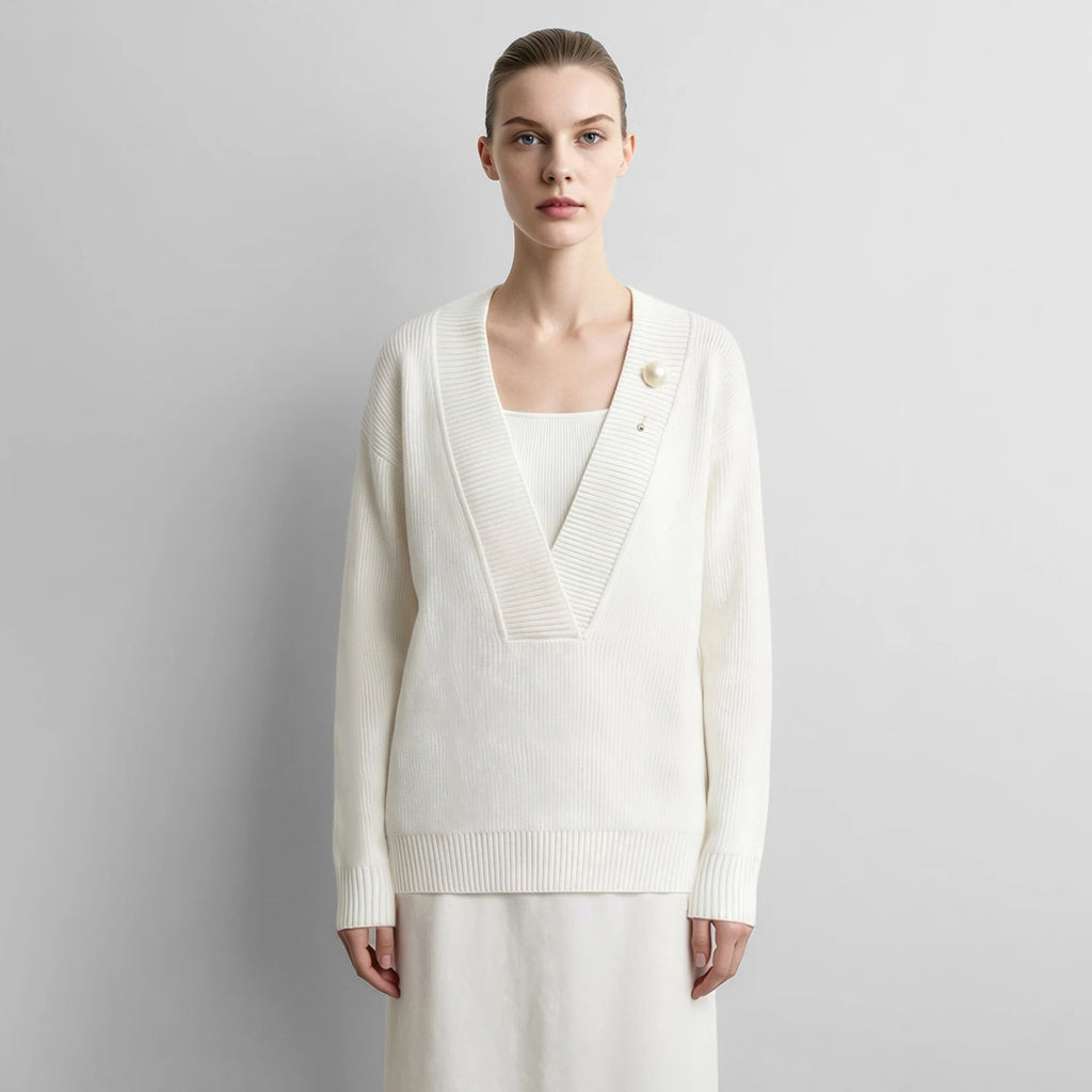 Oversized V-Neck Knit Sweater with Detachable Collar