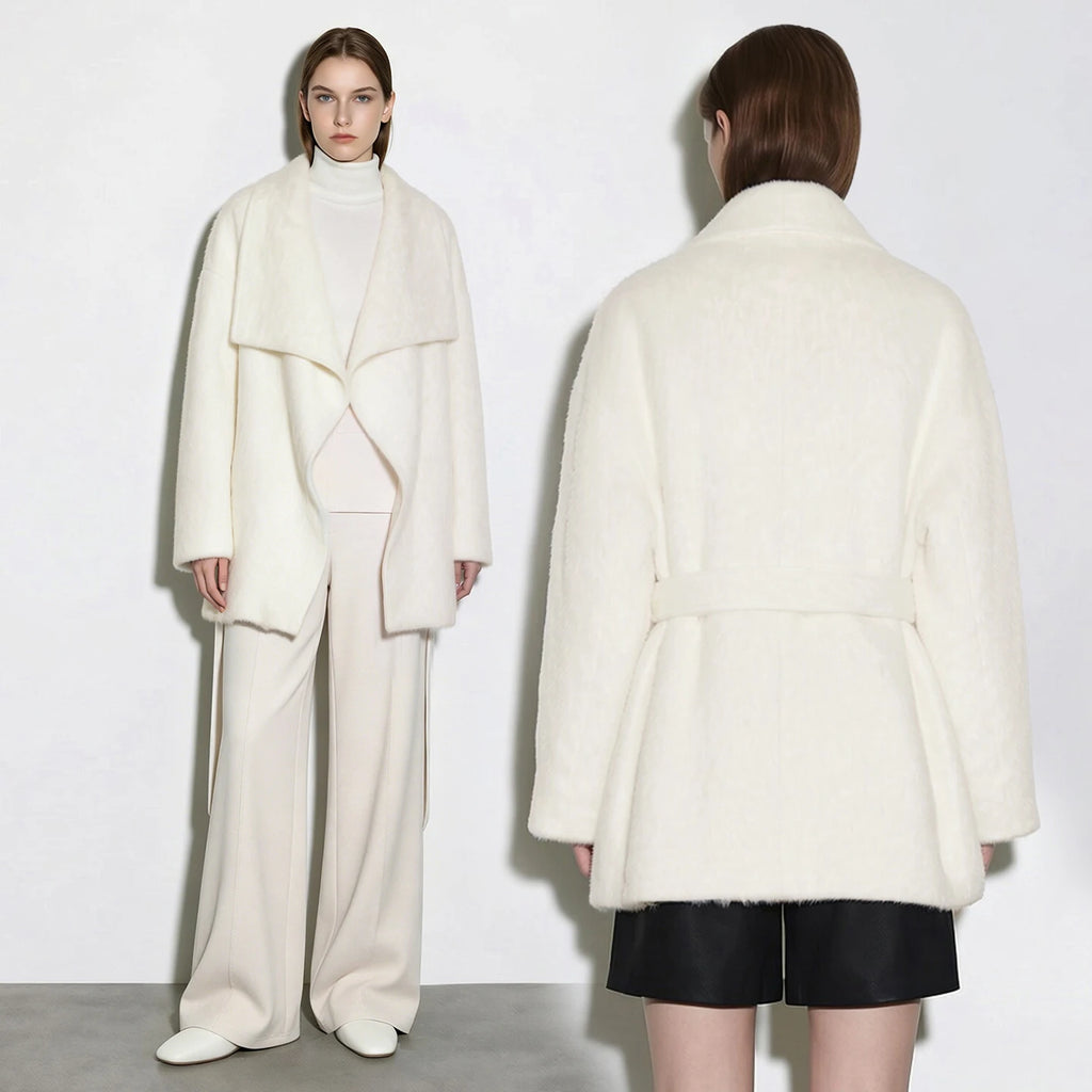 Wool Silk Blend Belted Coat | Minimalist Oversized Winter Outerwear