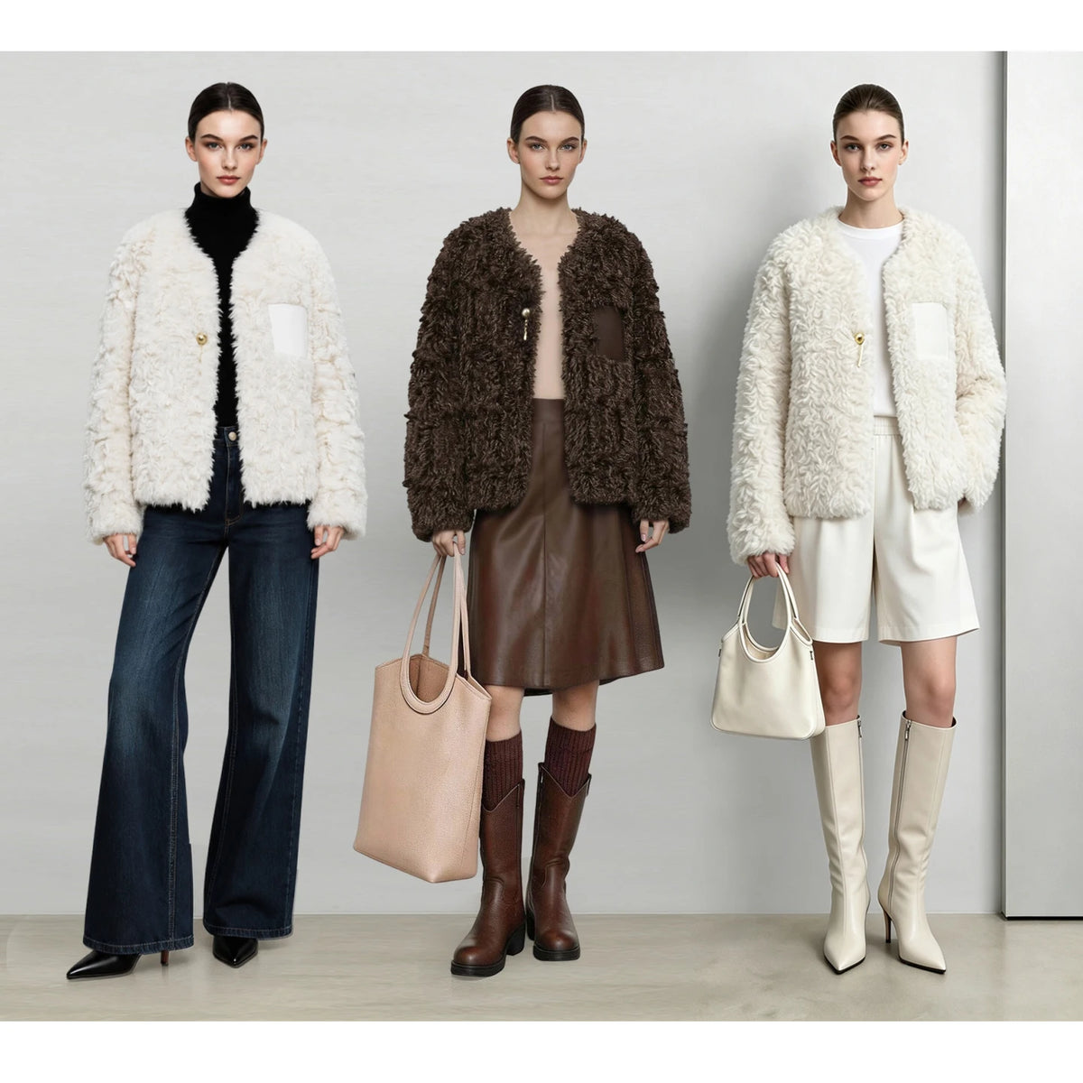 Women's V-Neck Faux Fur Coat - Oversized Minimalist Winter Jacket