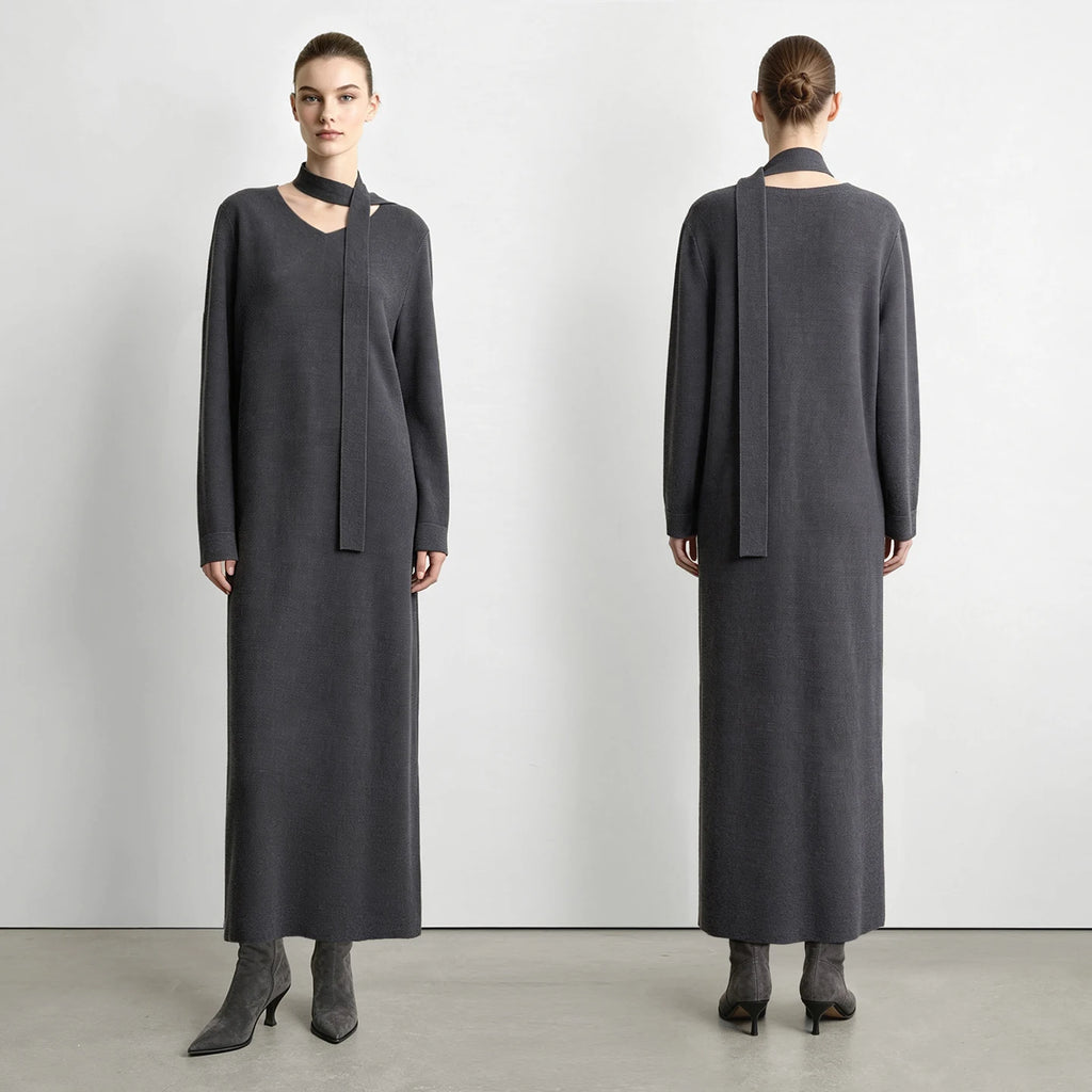 Women's V-Neck Knit Maxi Dress - Minimalist Oversized Autumn Style