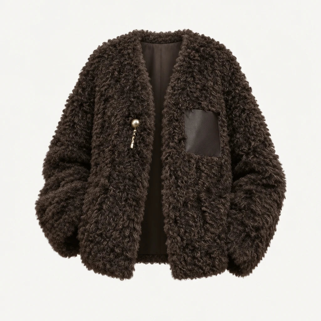 Women's V-Neck Faux Fur Coat - Oversized Minimalist Winter Jacket