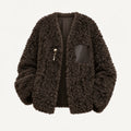 Women's V-Neck Faux Fur Coat - Oversized Minimalist Winter Jacket