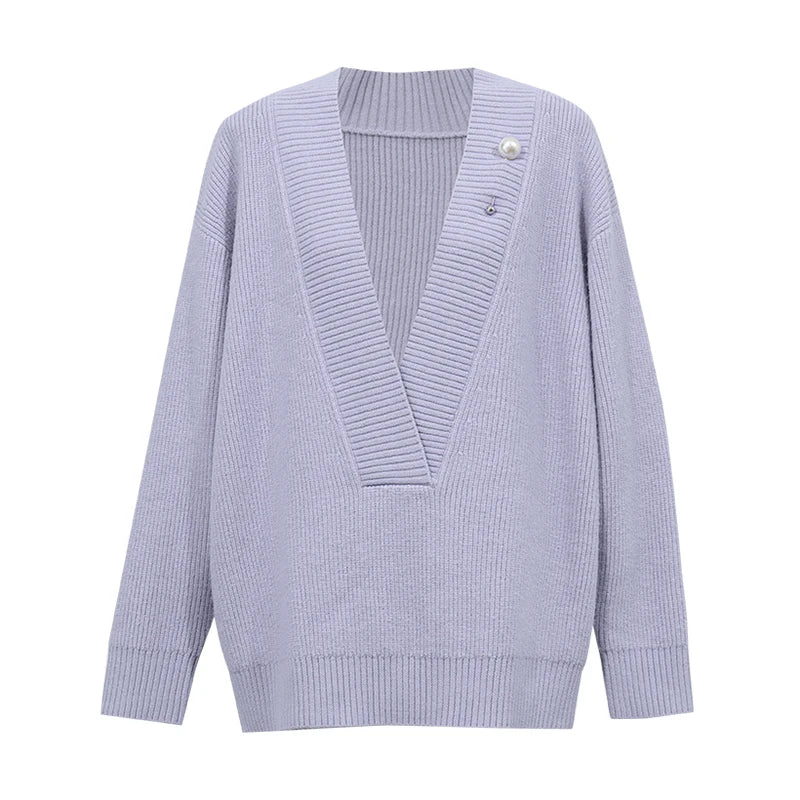 Oversized V-Neck Knit Sweater with Detachable Collar