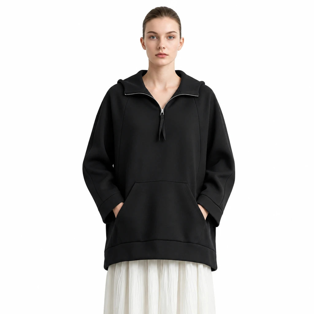 Women's Oversized Batwing Sleeve Hoodie - Casual Mid-Length Pullover