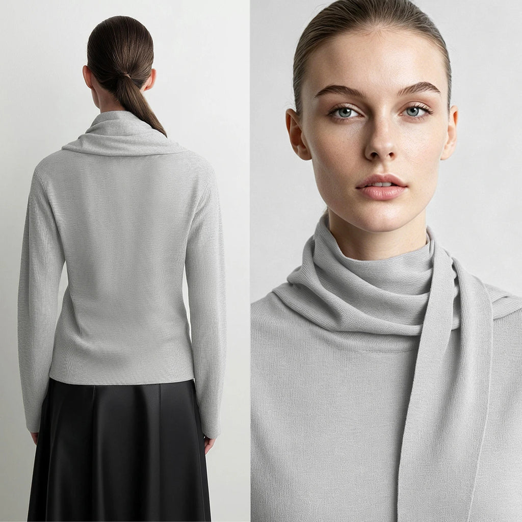 Women's Scarf Collar Raglan Knit Sweater - Elegant Autumn Pullover