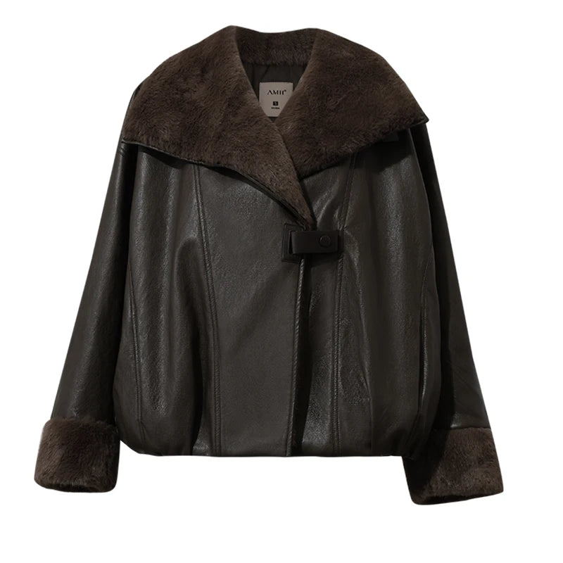 Women's Oversized Faux Leather Shearling Jacket - Winter Biker Coat