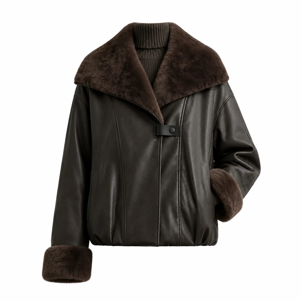 Women's Faux Leather Shearling Biker Jacket - Oversized Winter Coat