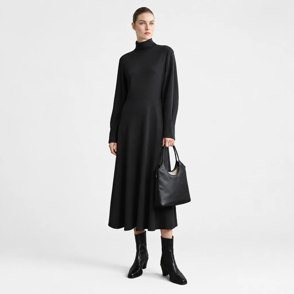 Women's Mock Neck Midi Dress - Long Sleeve Slimming Commuter