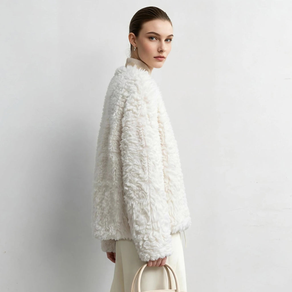 Women's V-Neck Faux Fur Coat - Oversized Minimalist Winter Jacket